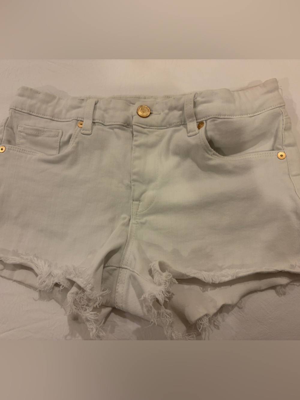 Blank NYC White Frayed Denim Shorts with Gold Buttons